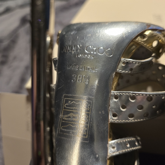 JIMMY CHOO Silver & Gold Metallic Ankle Caged Stilettos - Picture 11 of 14